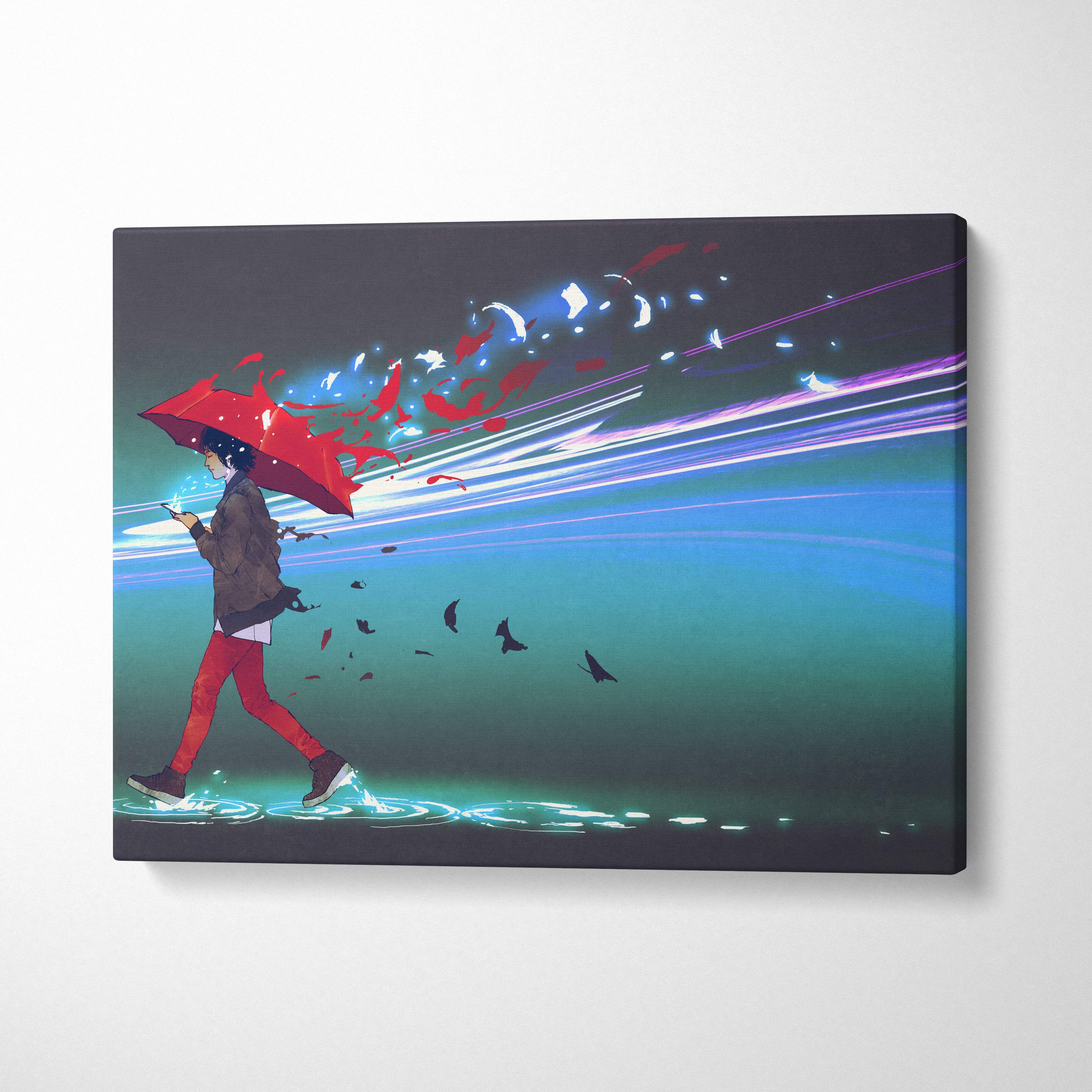 A vibrant red umbrella rain city canvas wall art print featuring a stylized figure in red pants and brown coat