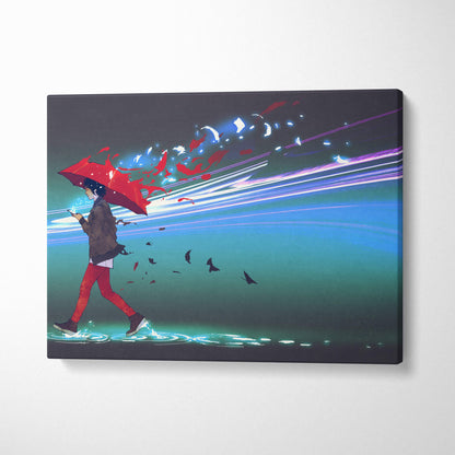 A vibrant red umbrella rain city canvas wall art print featuring a stylized figure in red pants and brown coat