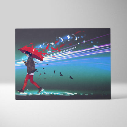 Red umbrella rain city canvas wall art featuring a vibrant torn red umbrella held by a figure walking through glowing water