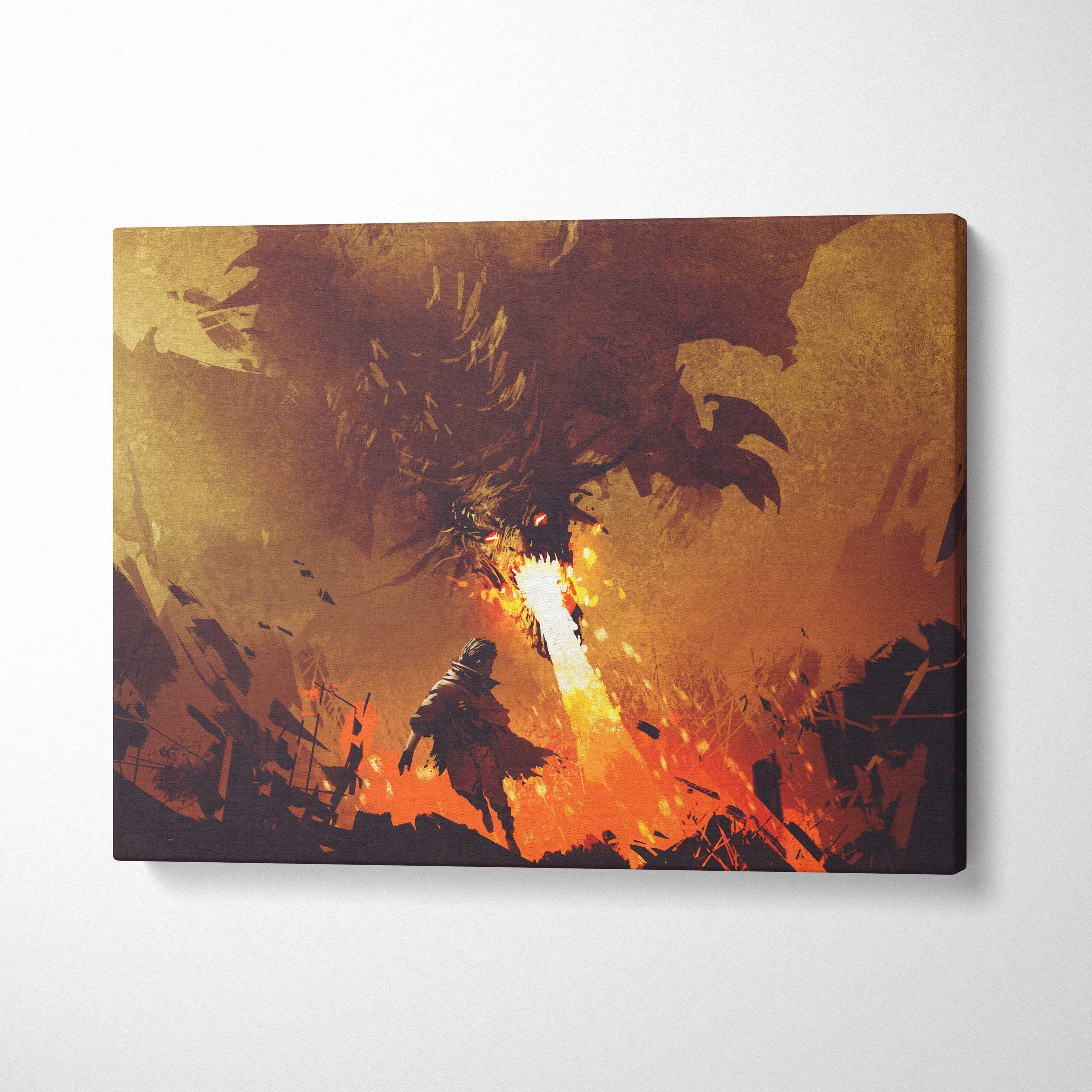 Canvas print of an epic dragon fire fantasy scene with an armored warrior silhouette and fiery orange gold flames