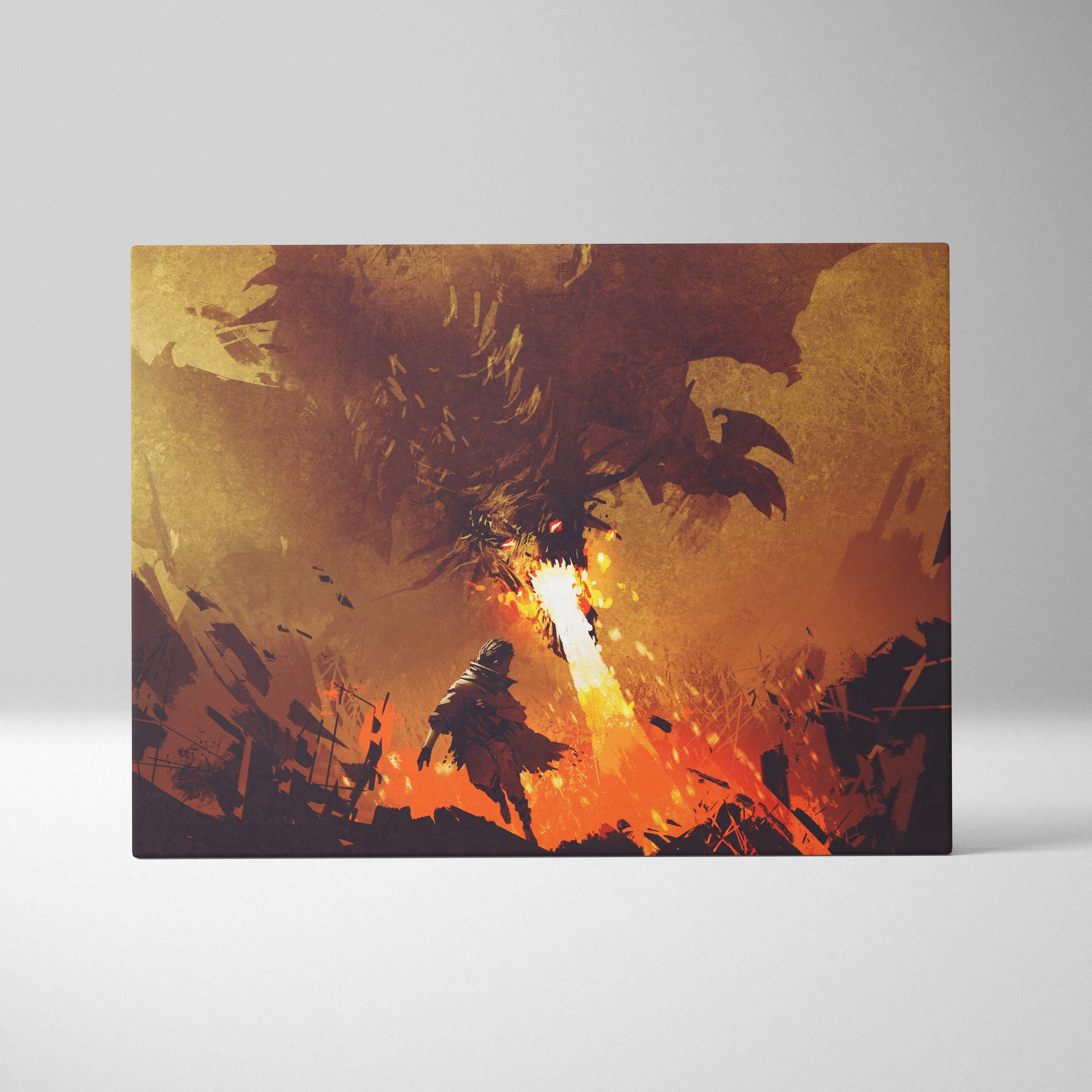 Rectangular canvas print of a dramatic dark fantasy battle scene with an orange and gold dragon breathing fire at a warrior