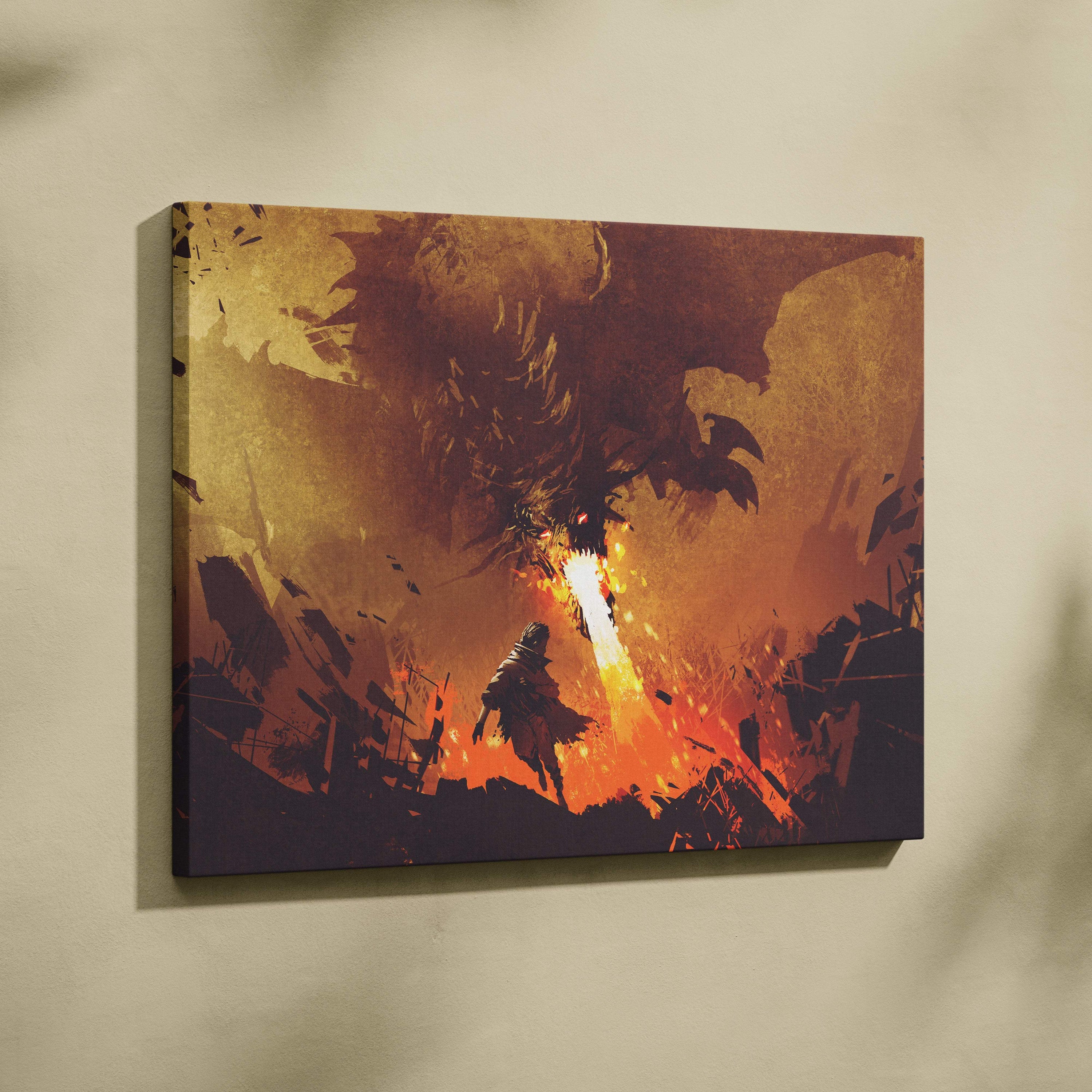 Epic dragon fire canvas wall art with fiery orange and gold hues showing a warrior facing a massive dragon