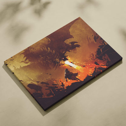 Rectangular canvas wall art featuring a fiery orange and brown fantasy scene of a warrior facing a massive dragon in battle