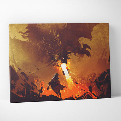 Canvas print of a lone warrior confronting a massive dragon in fiery orange and gold tones epic dragon fire wall art