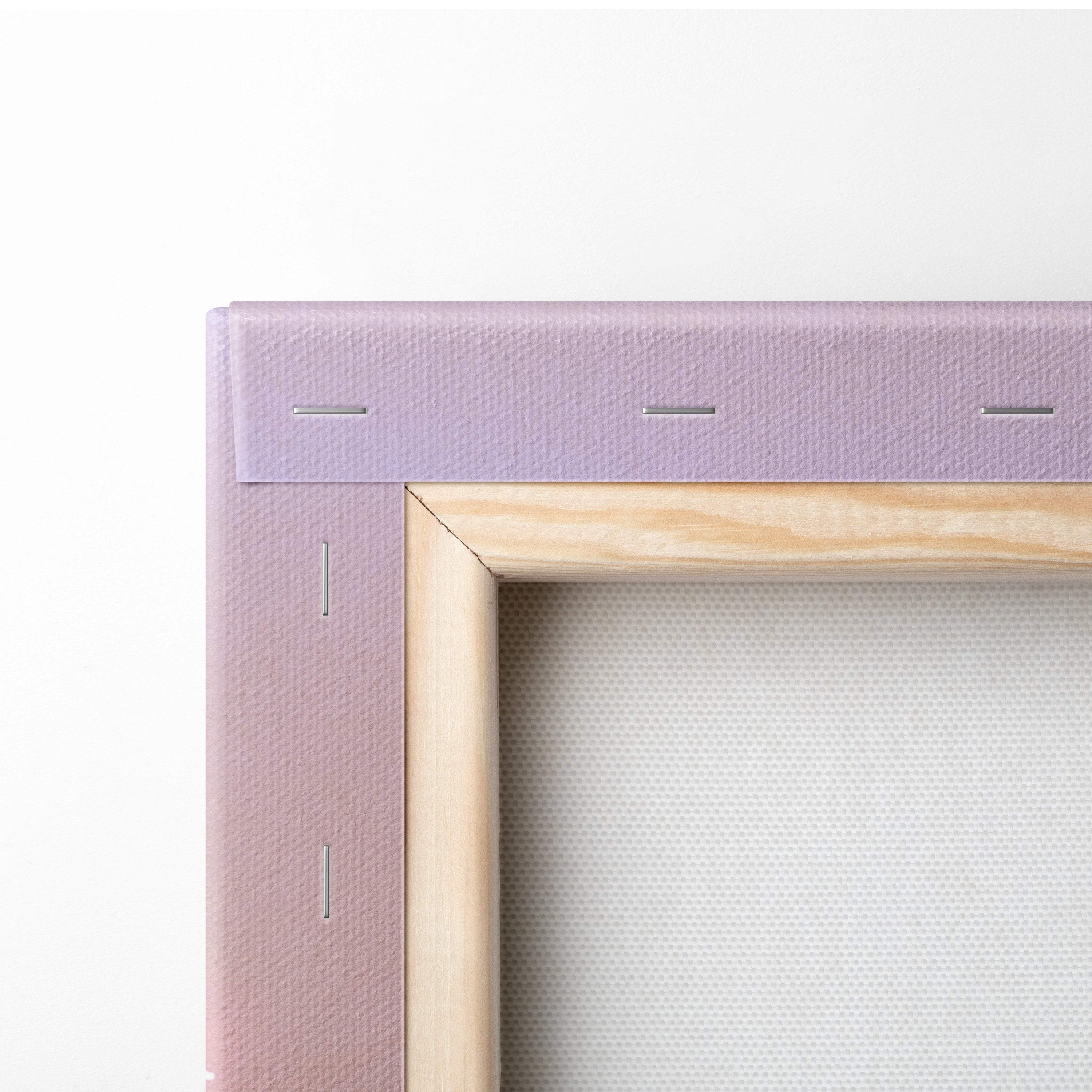 A dreamy pink guitar woman canvas wall art print with a lavender frame light wood border and textured fabric backing