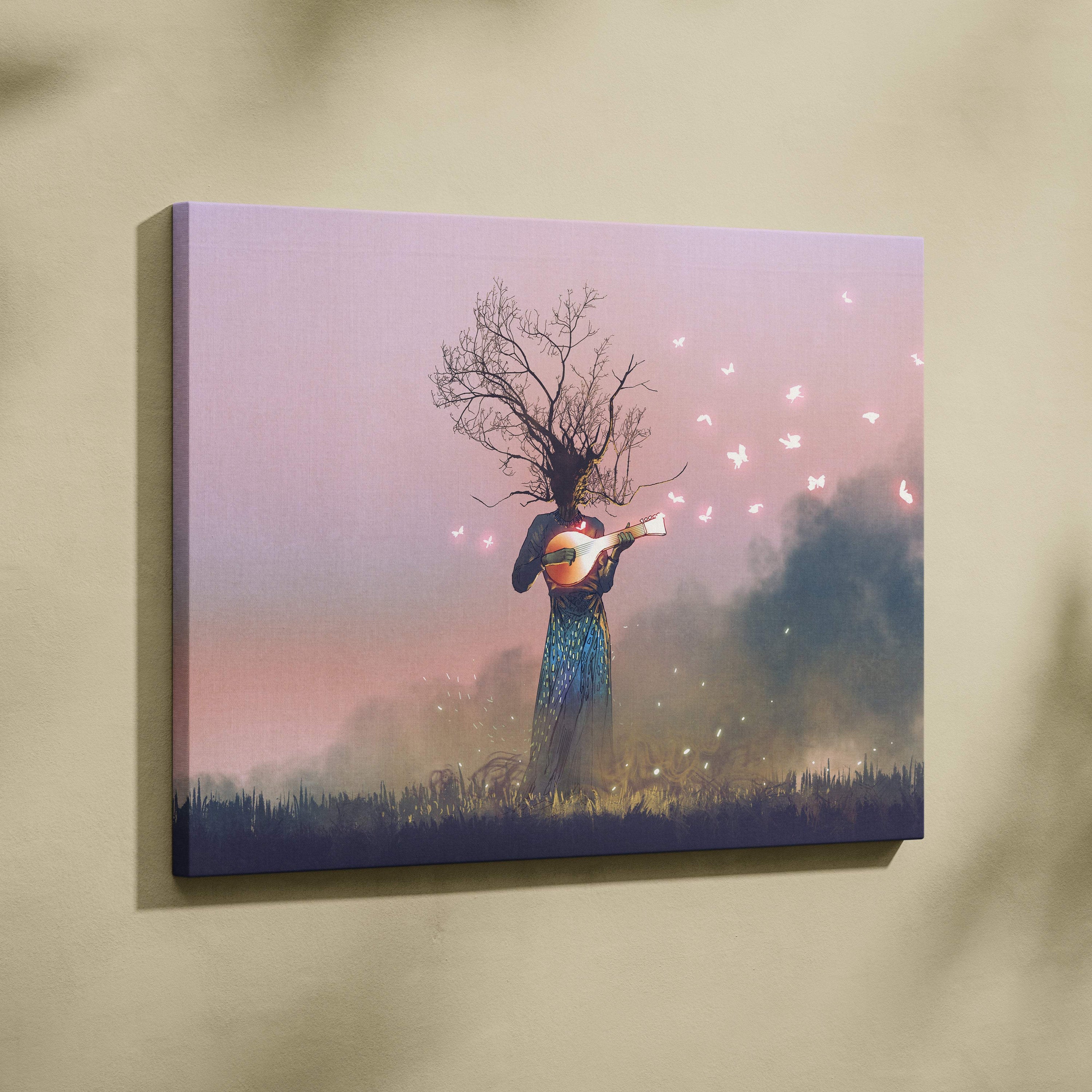 Rectangular canvas print of surreal tree head figure playing mandolin against soft pink and purple sky for boho decor