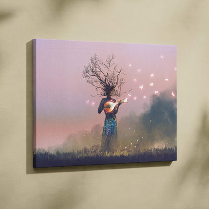 Rectangular canvas print of surreal tree head figure playing mandolin against soft pink and purple sky for boho decor