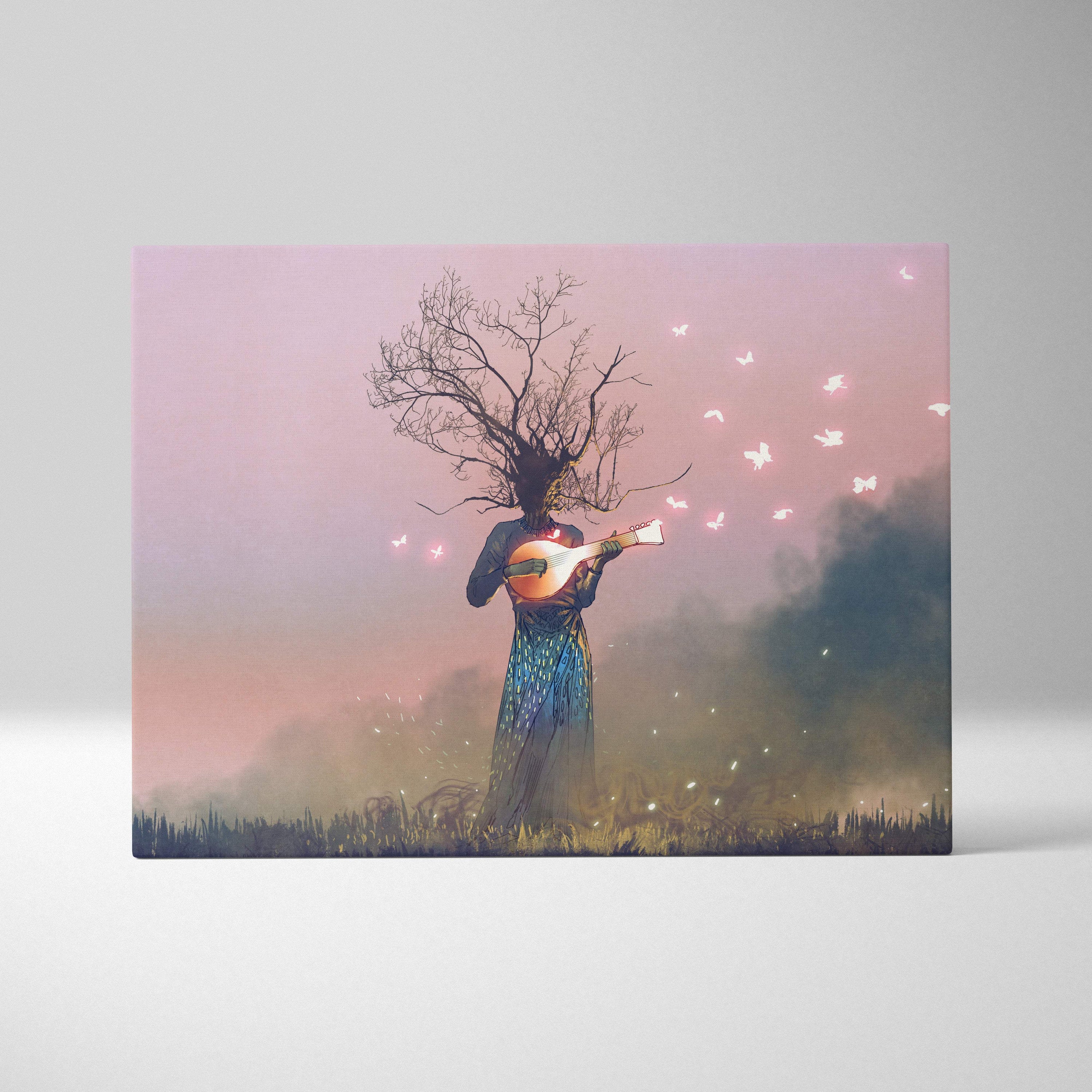 Dreamy pink guitar woman canvas wall art print featuring surreal tree figure in blue dress holding orange mandolin against soft sky