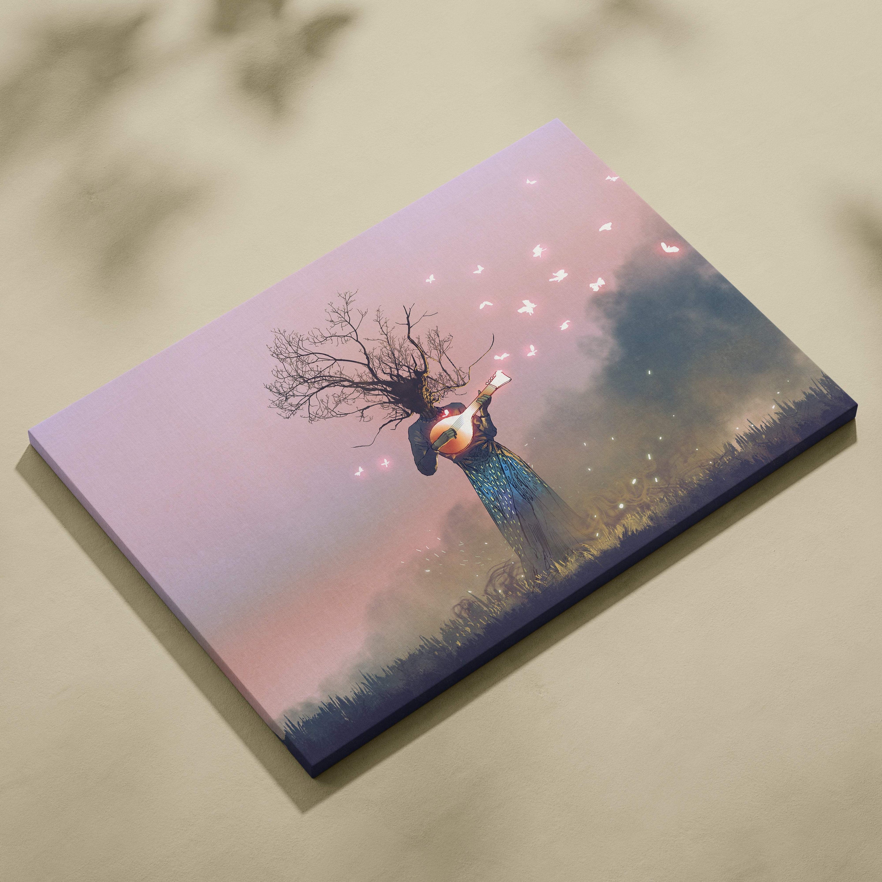 Rectangular canvas print featuring surreal tree branch hair figure playing guitar against pink and purple sky for boho decor