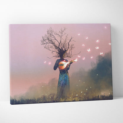 Dreamy pink guitar woman canvas wall art print featuring a surreal tree figure playing mandolin with glowing butterflies