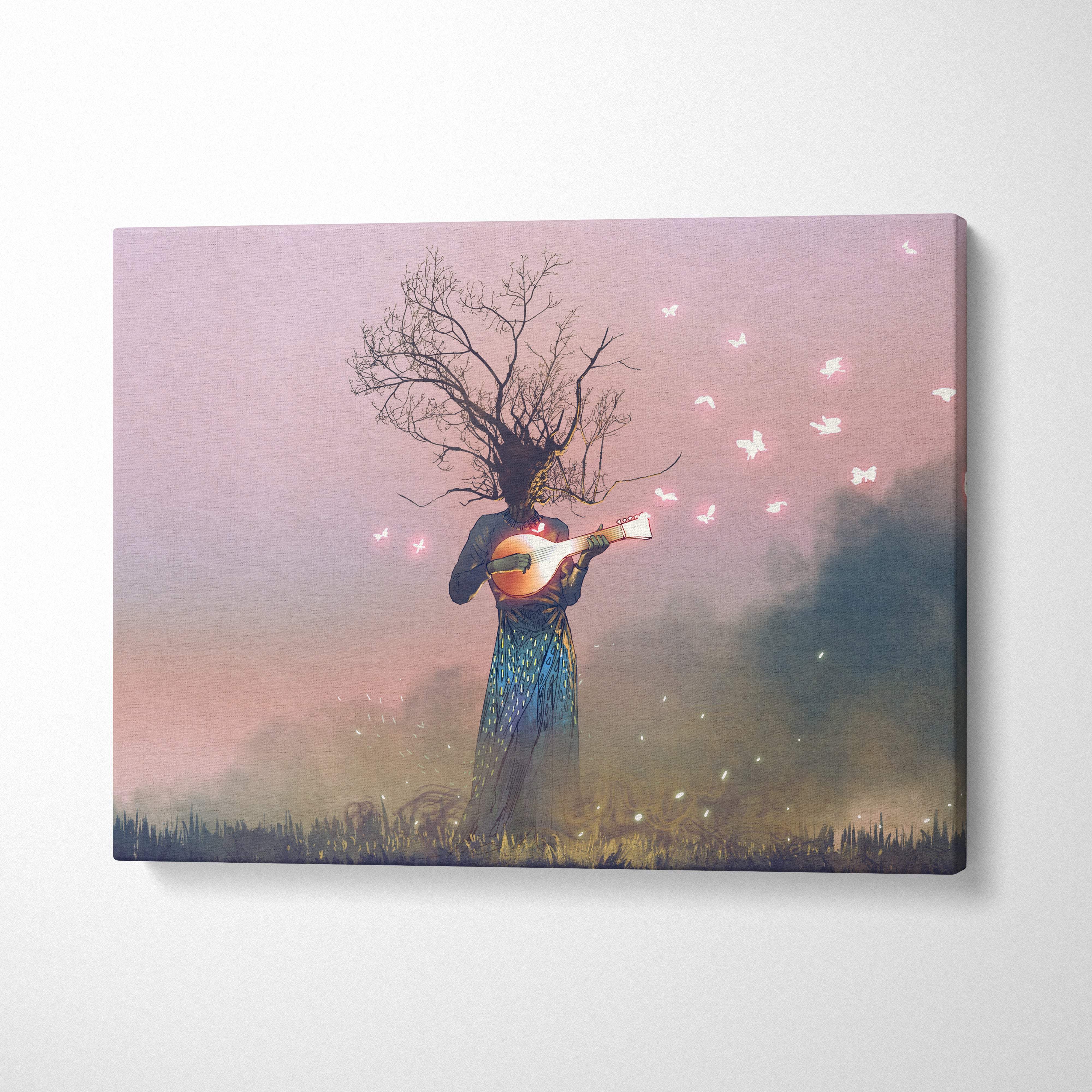 Rectangular canvas print of surreal figure with tree branch hair playing mandolin against pink purple sky for boho decor