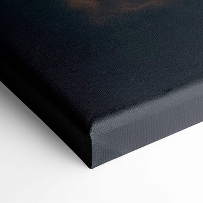 Black canvas print with textured surface featuring golden light and deep teal sky in ethereal stormscape wall decor
