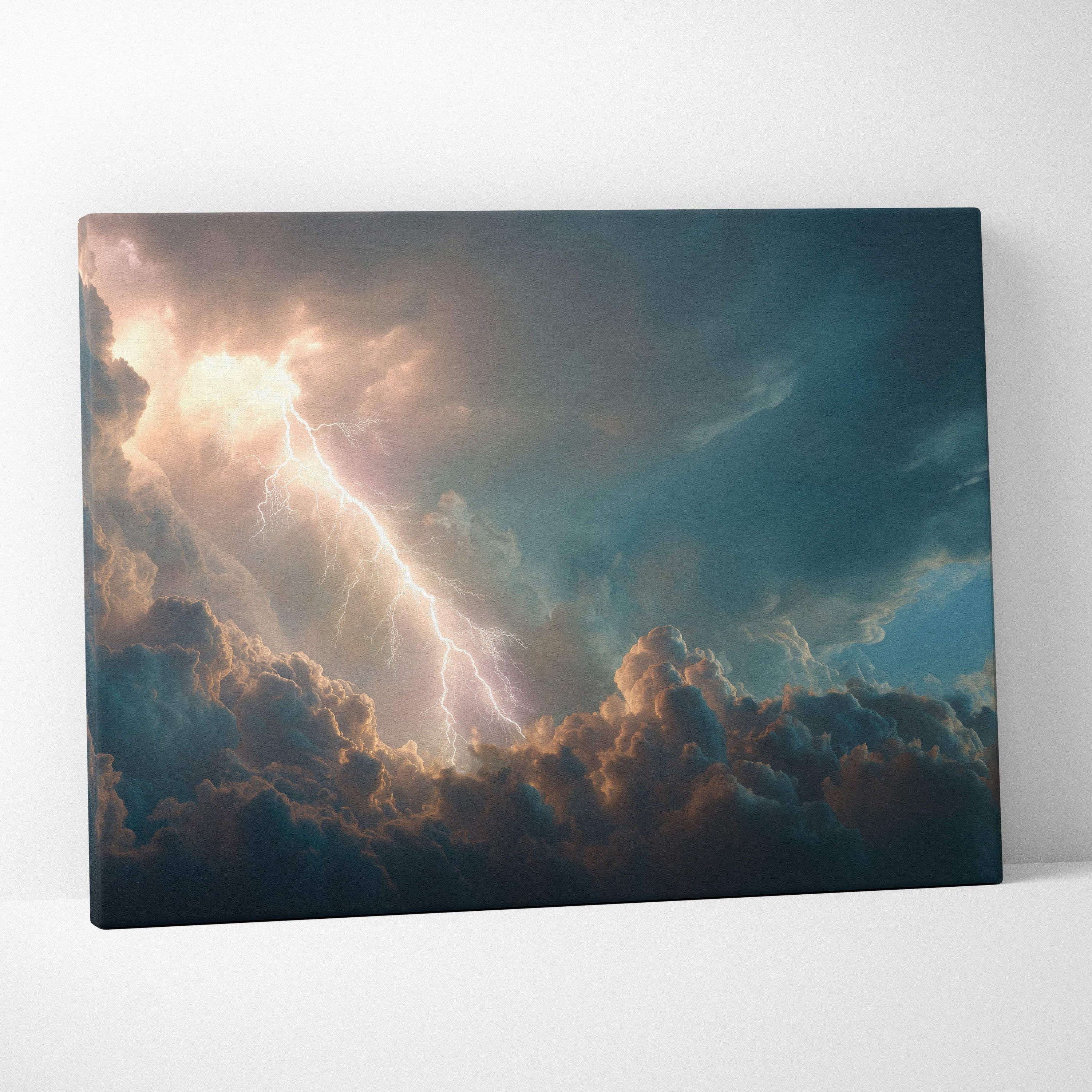 Canvas print of heavenly lightning clouds with dramatic golden light and deep teal storm sky wall decor
