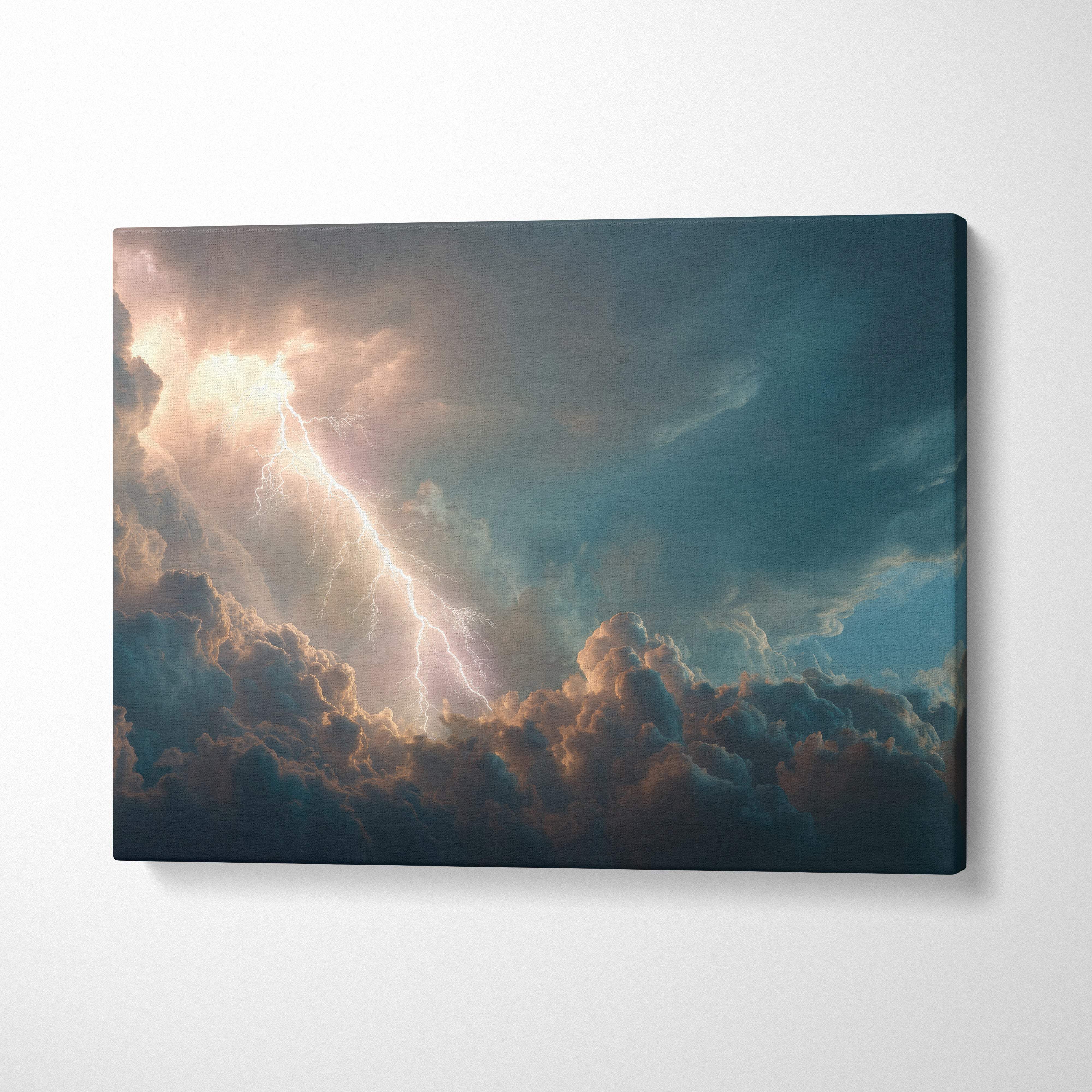 Canvas print of a dramatic lightning storm with golden light and deep teal clouds for ethereal wall decor