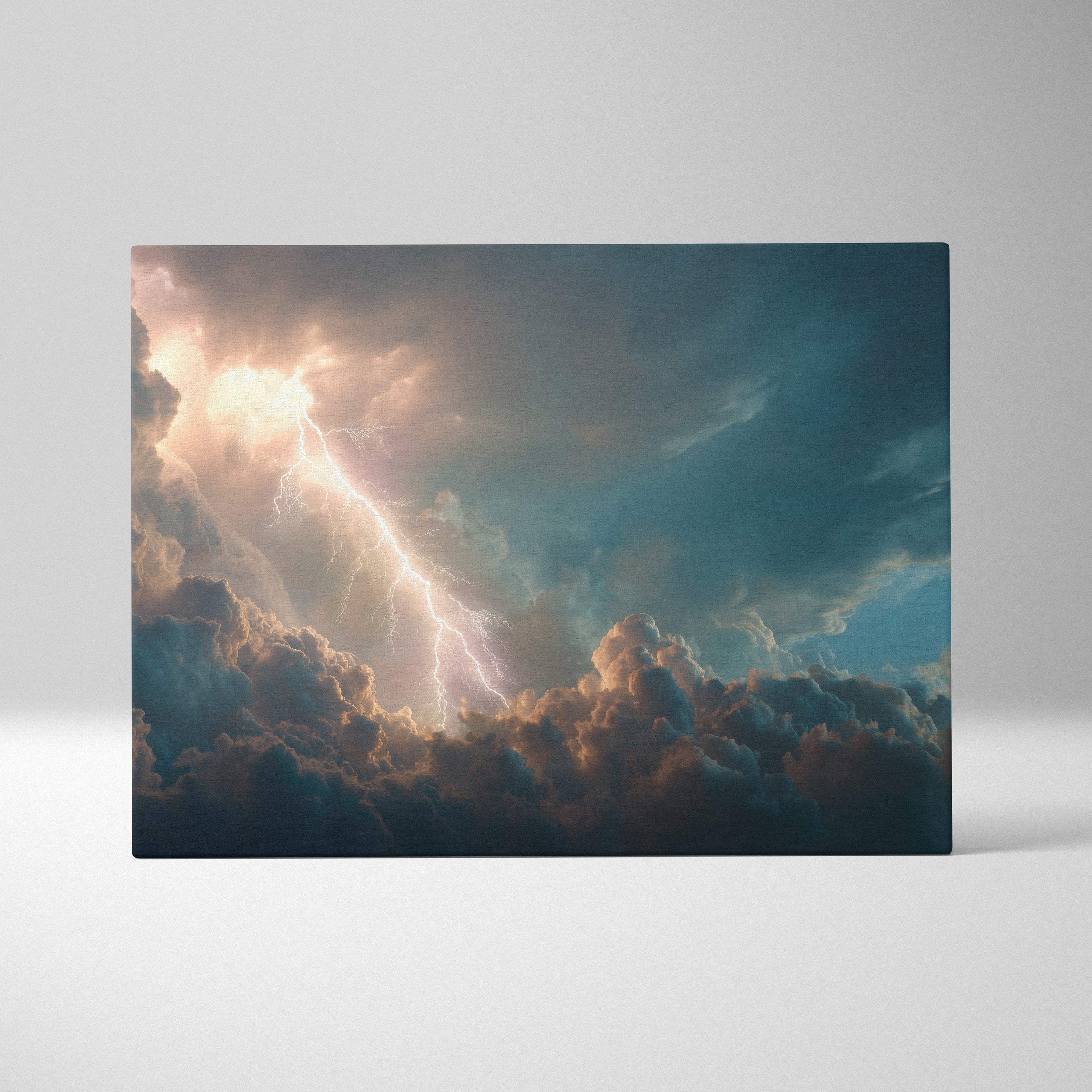 Stormy sky canvas art featuring dramatic lightning striking deep blue gray and warm orange clouds in an ethereal stormscape