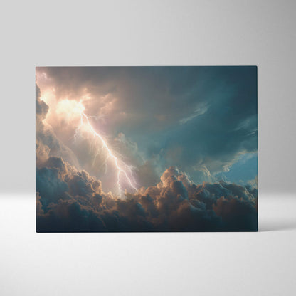 Stormy sky canvas art featuring dramatic lightning striking deep blue gray and warm orange clouds in an ethereal stormscape