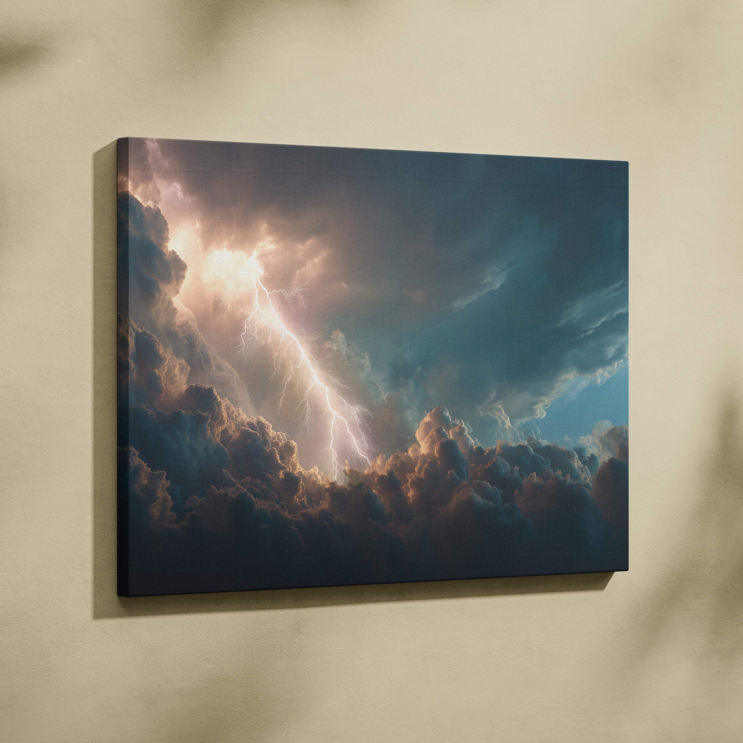 Canvas print of dramatic lightning striking through dark clouds with golden light and deep teal sky for wall decor