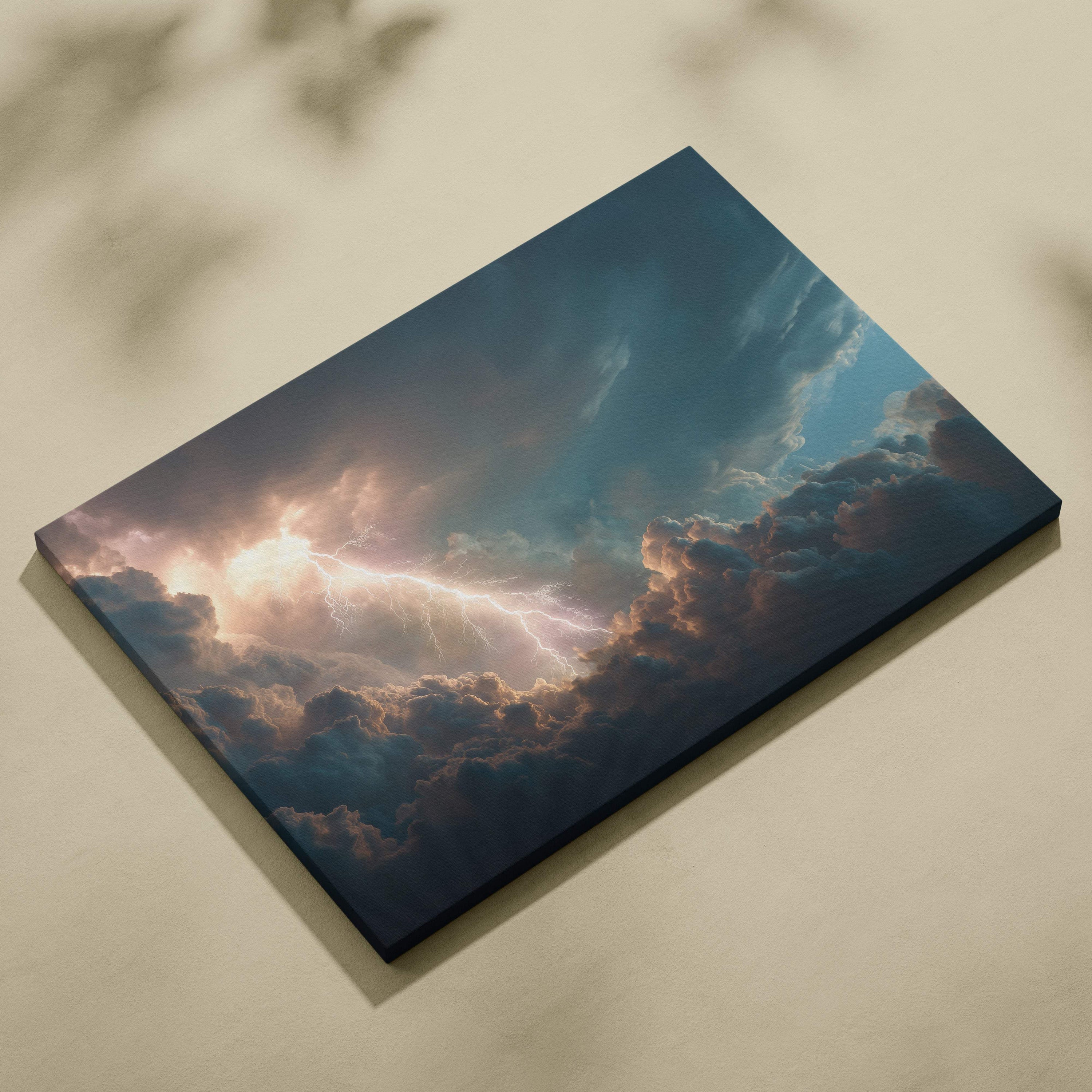 Heavenly lightning clouds canvas art featuring vivid lightning bolts and deep teal and golden light stormy sky wall decor