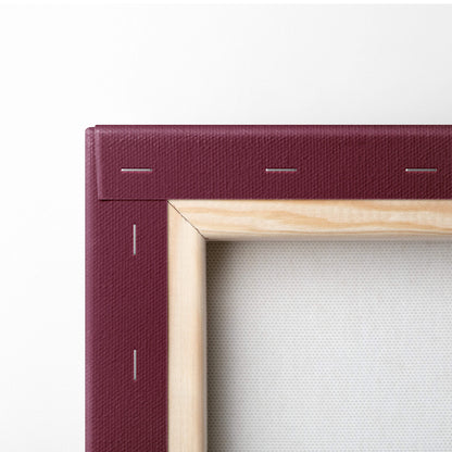 Maroon textured canvas frame with light wood border featuring vaporwave neon pyramid synthwave wall art print