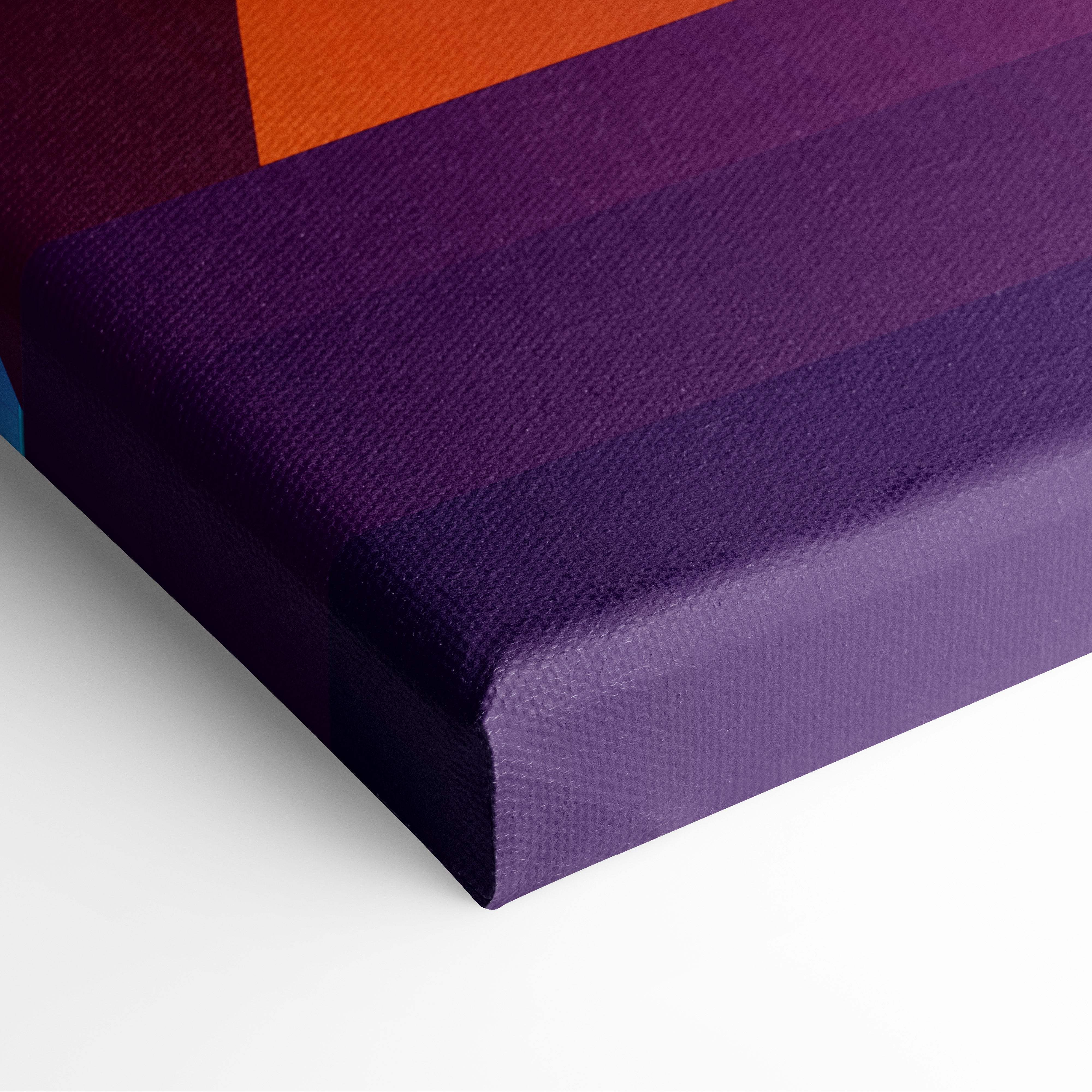 Purple canvas art print with textured surface and bold orange maroon deep purple geometric stripes vaporwave neon pyramid design