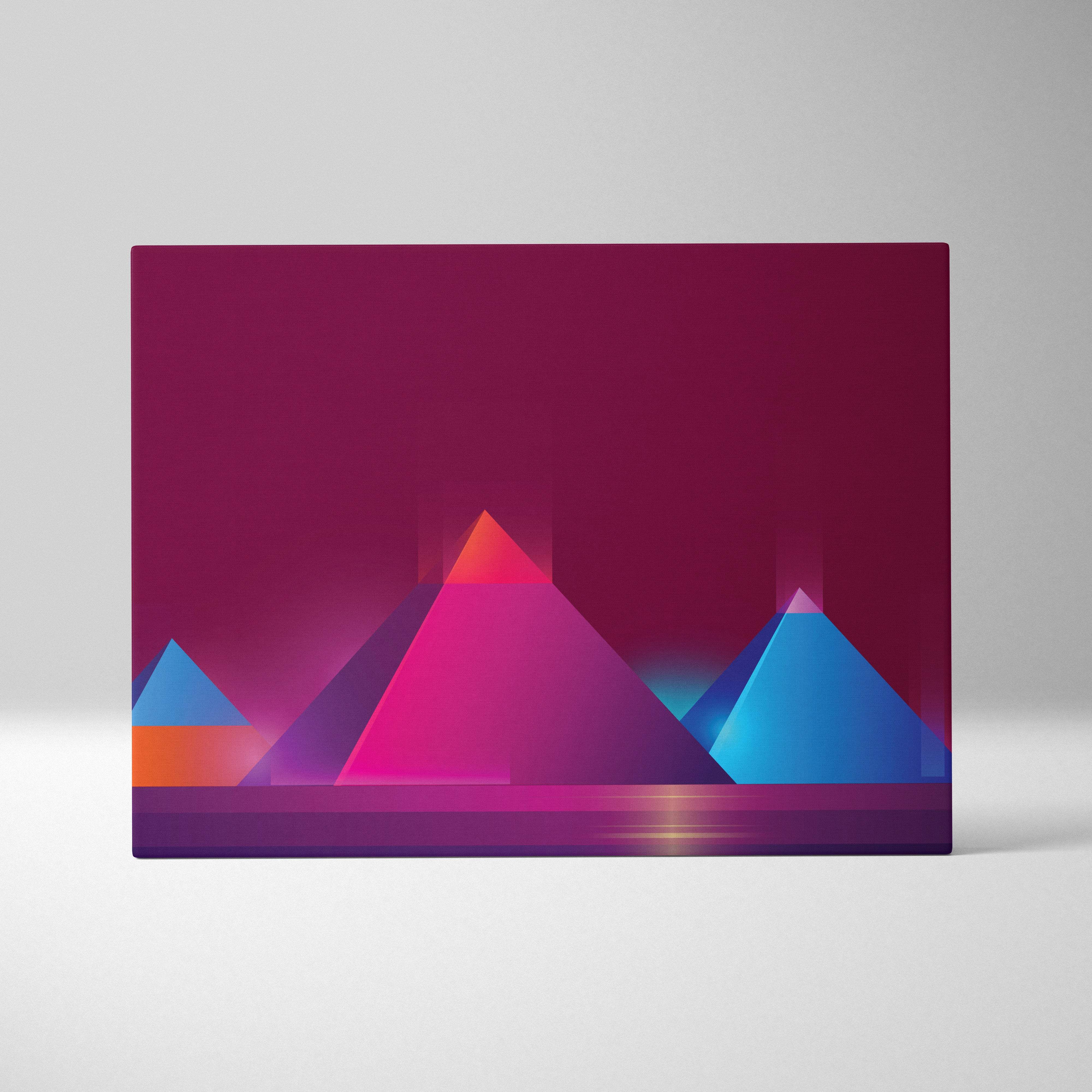 Vaporwave neon pyramid canvas art print with stylized pink blue orange pyramids on deep magenta background wall decor