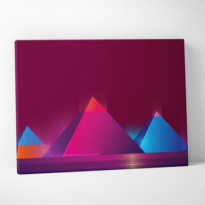 Vaporwave neon pyramid canvas art print with stylized pink purple blue pyramids on deep magenta background