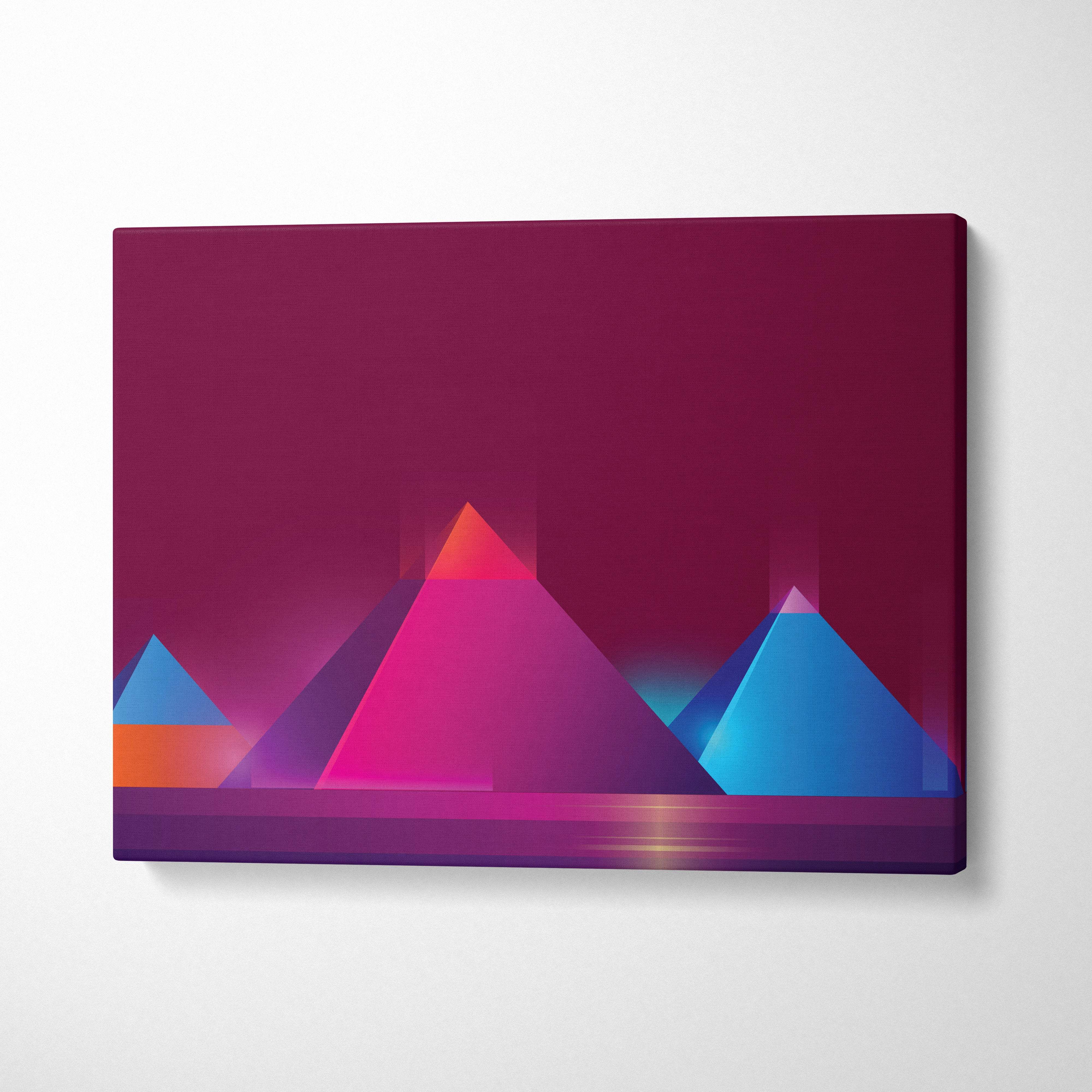 Vaporwave neon pyramid canvas art print with vibrant pink blue and orange geometric design on deep magenta backdrop