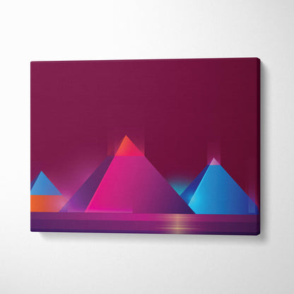 Vaporwave neon pyramid canvas art print with vibrant pink blue and orange geometric design on deep magenta backdrop