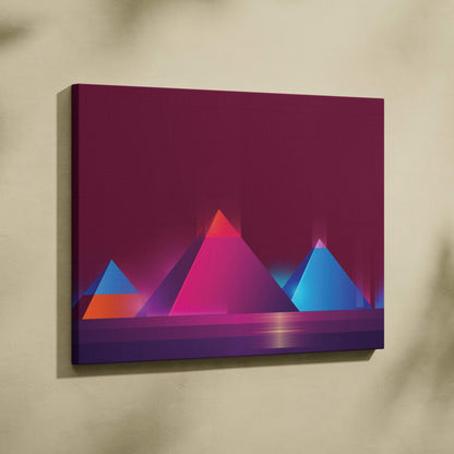 Vaporwave neon pyramid canvas art print featuring vibrant geometric pink blue and orange hues on maroon background