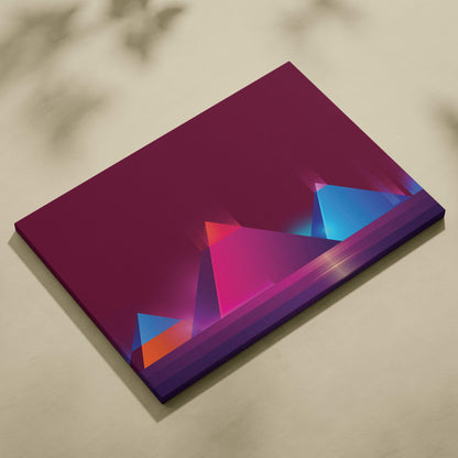 A rectangular vaporwave neon pyramid canvas art print with vibrant magenta purple blue and orange geometric triangles