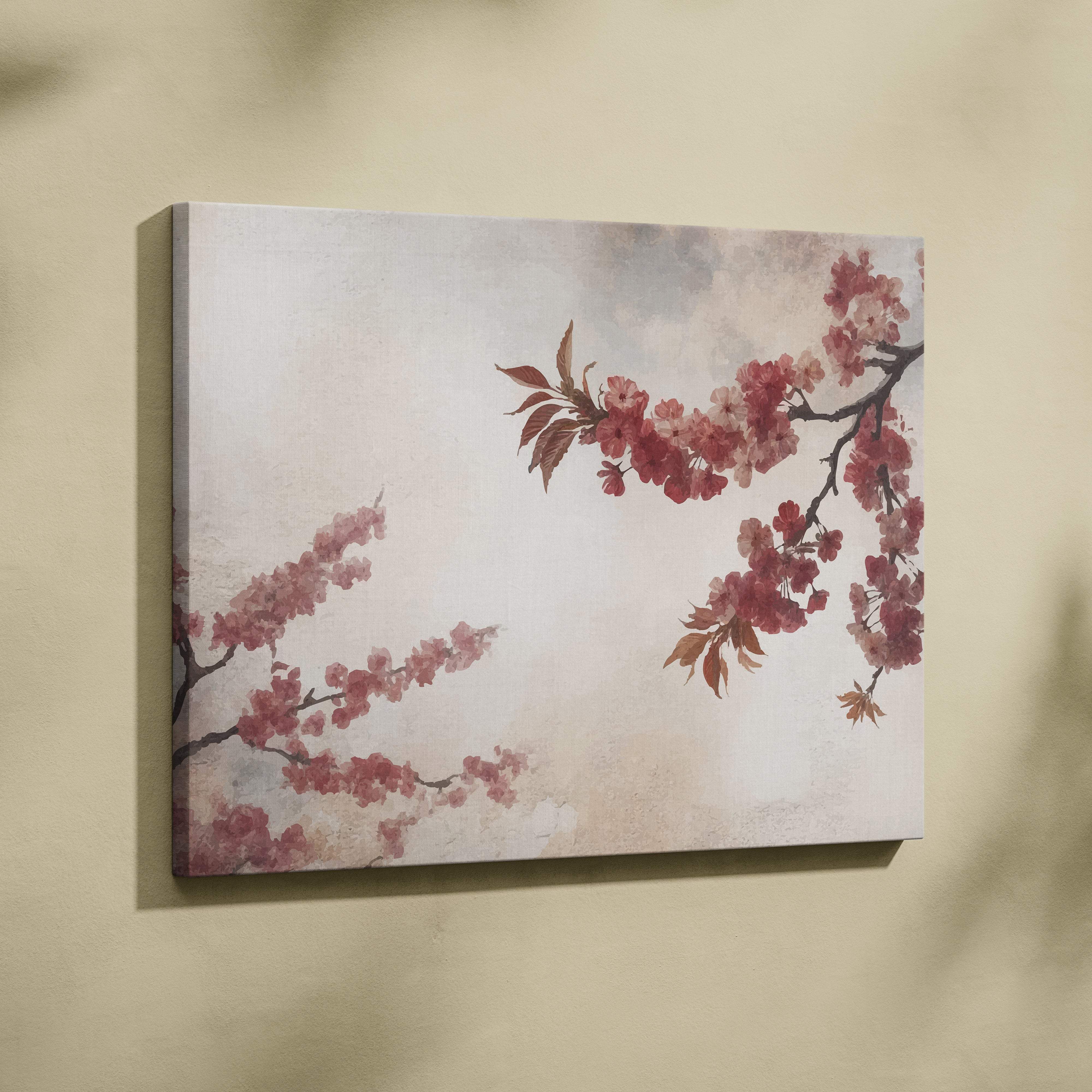 A rectangular canvas print of delicate pink cherry blossoms on dark branches in soft misty background for wall art