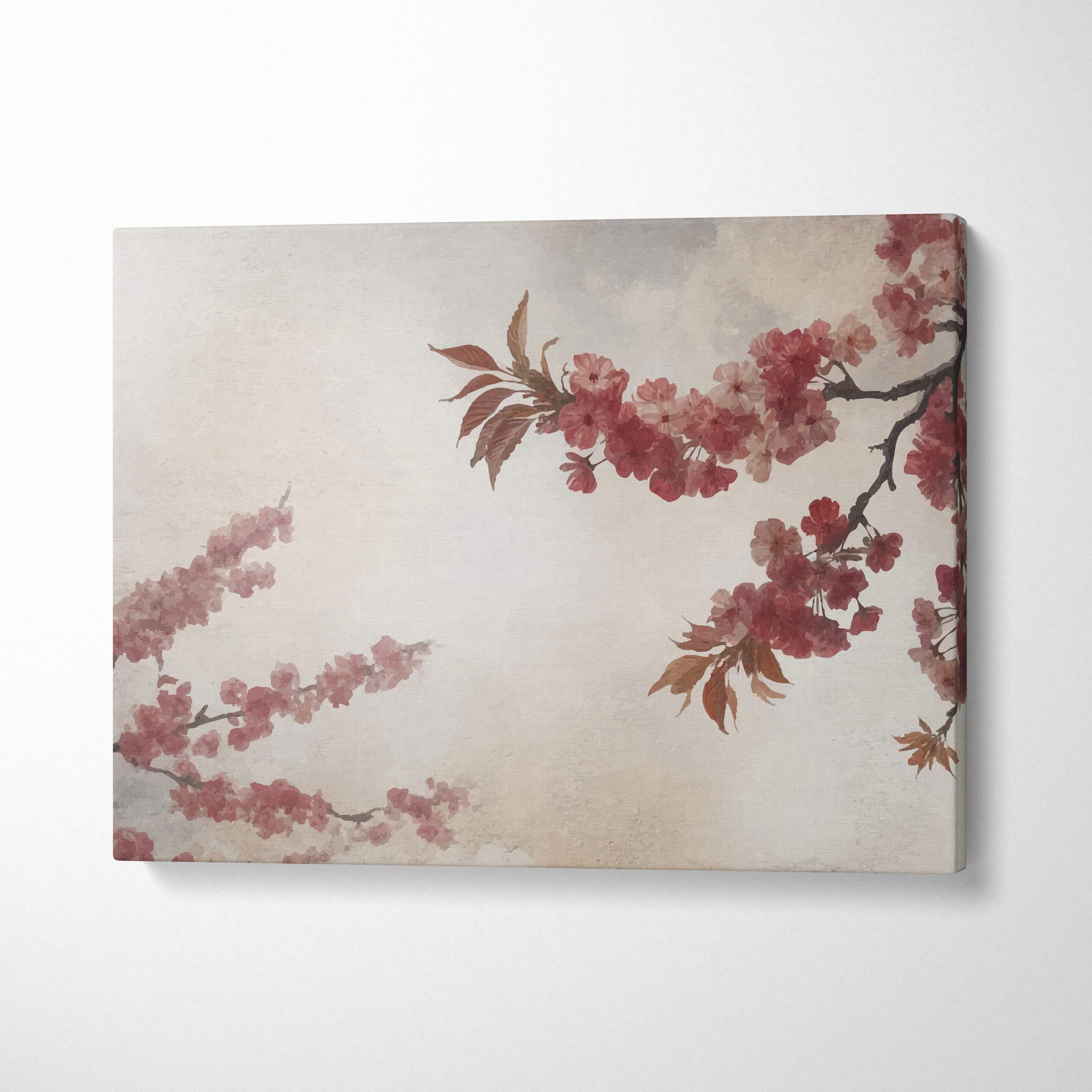 Rectangular canvas print of delicate pink cherry blossoms with red accents in soft muted tones for wall decor