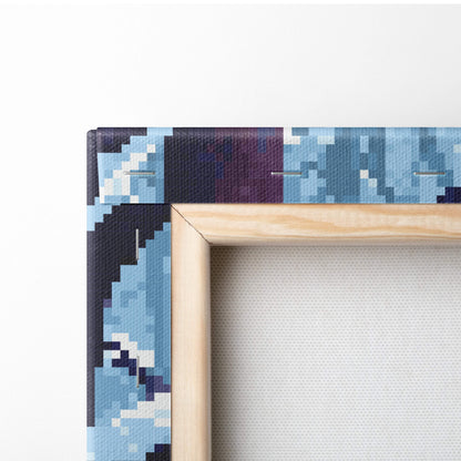 A light wood-framed canvas print with pixelated blue and black camouflage edge for peaceful winter woods decor