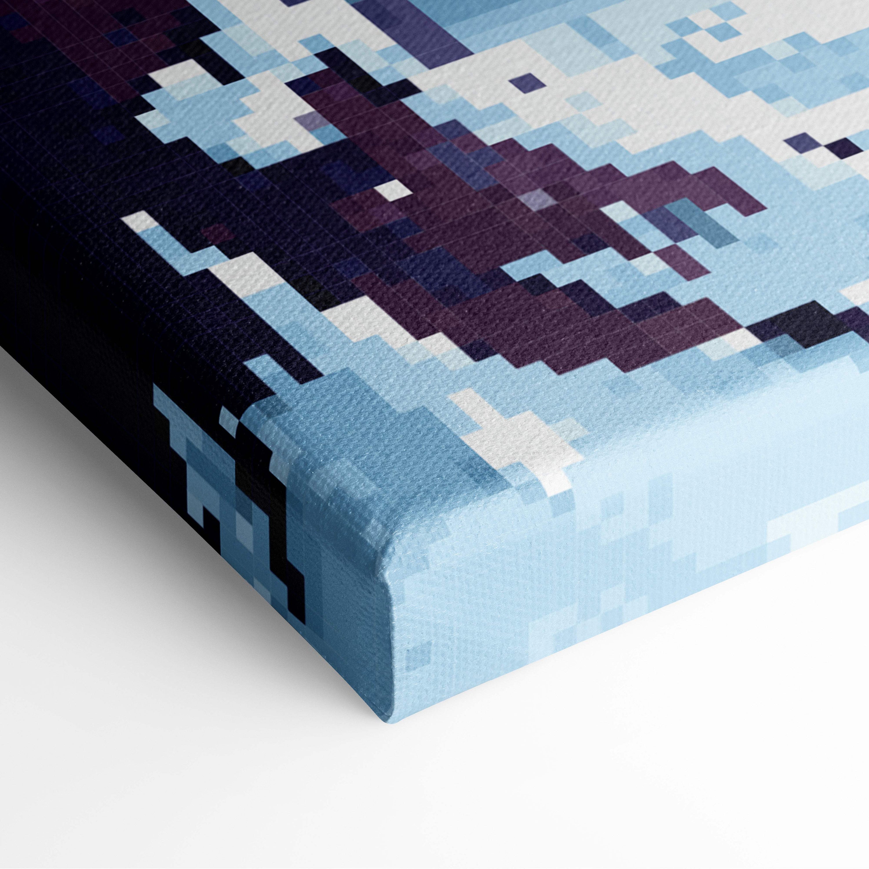 A pixelated canvas print of a stylized ocean scene in blue and purple for snowy forest pixel art wall decor