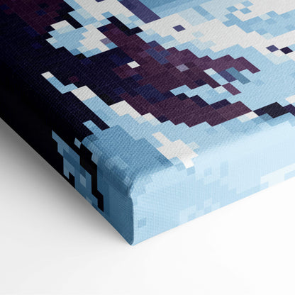 A pixelated canvas print of a stylized ocean scene in blue and purple for snowy forest pixel art wall decor