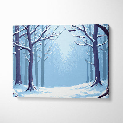Snowy forest pixel art canvas print featuring blue and white frosty woodland with bare trees for peaceful nature decor