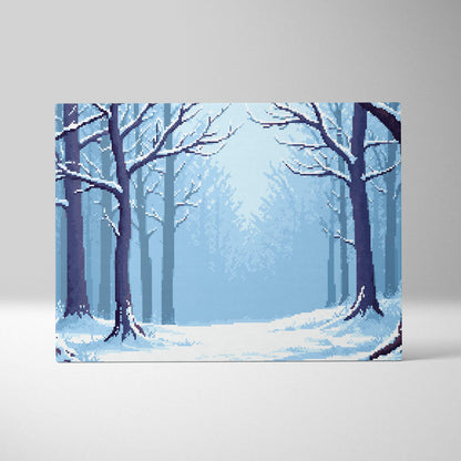 Pixel art canvas print of a serene snowy forest with snow-covered trees in soft blue hues for winter wall decor