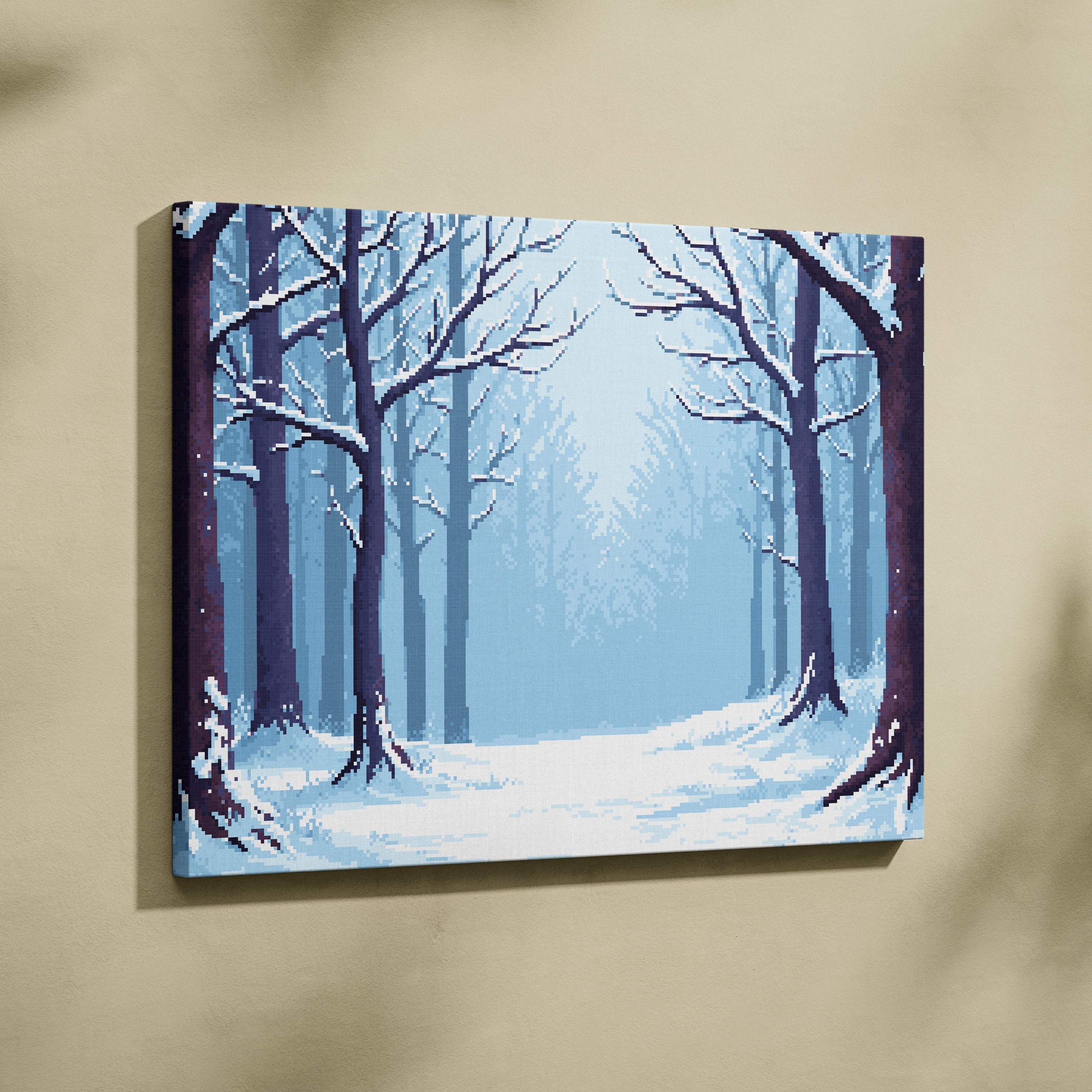 Snowy forest pixel art canvas print with serene blue winter woods and snow-covered trees in misty tones