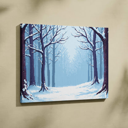 Snowy forest pixel art canvas print with serene blue winter woods and snow-covered trees in misty tones