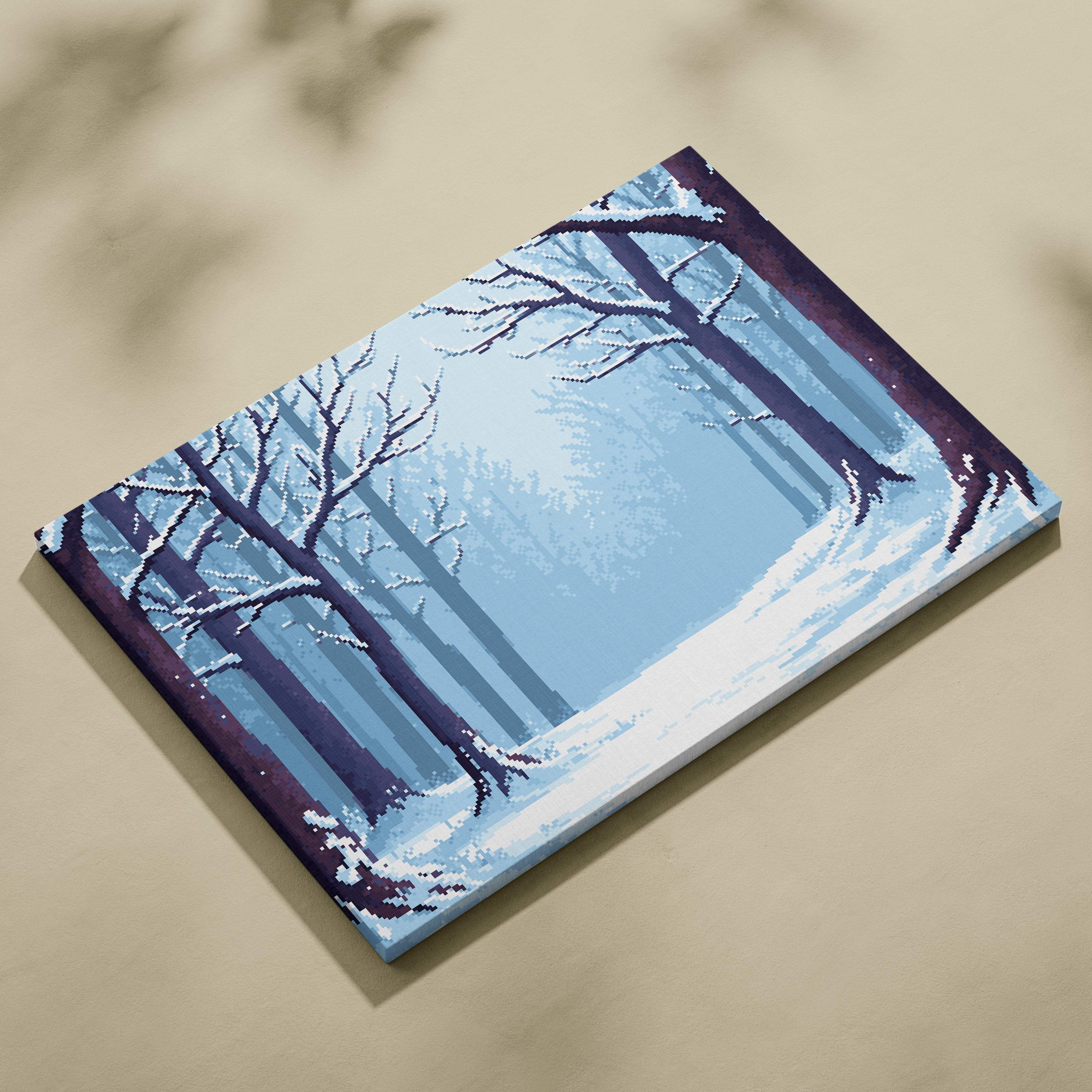 Rectangular canvas print of pixelated snowy forest with blue and purple trees in retro game style winter decor