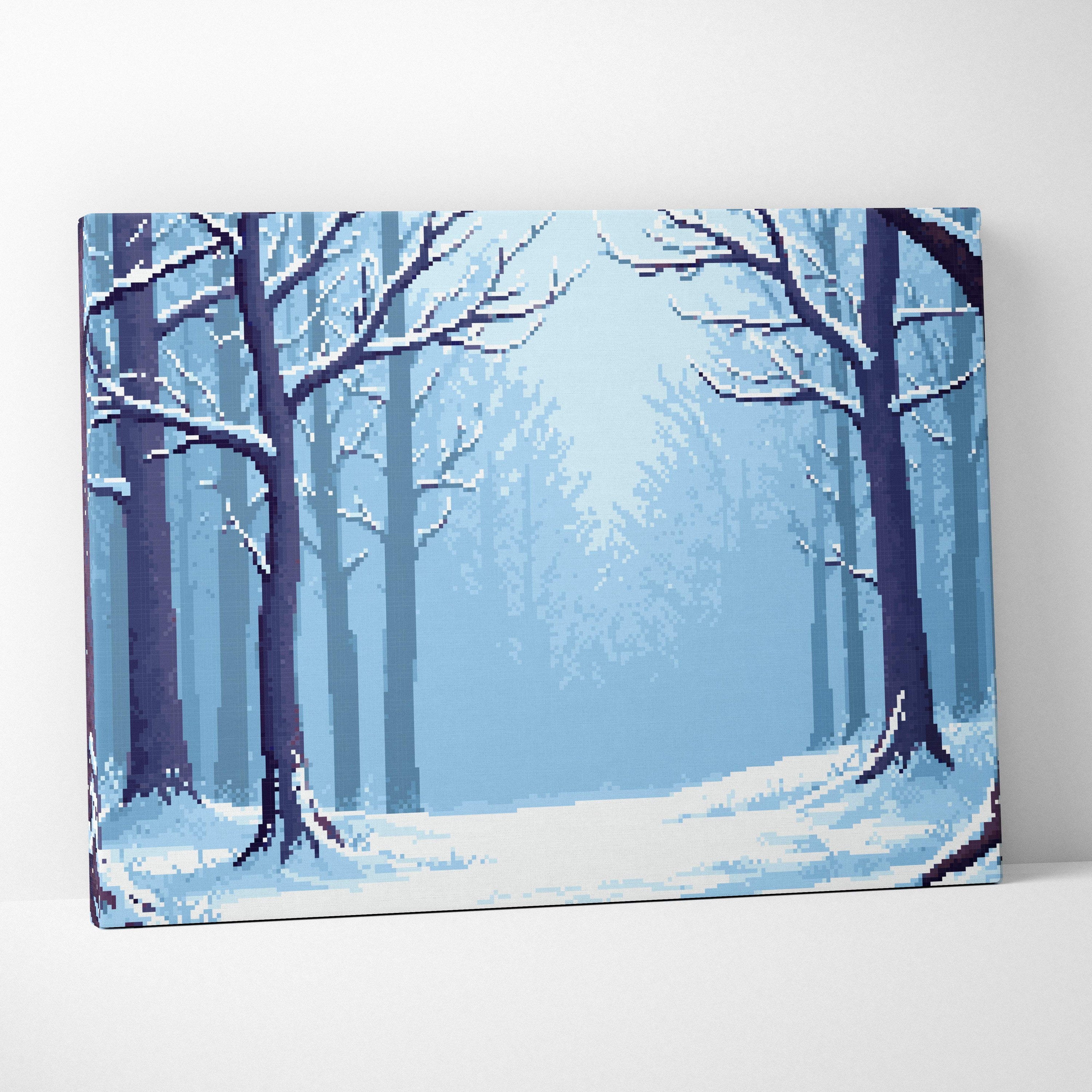 Snowy forest pixel art canvas print featuring a blue winter woods scene with bare trees and frosty ground in retro style