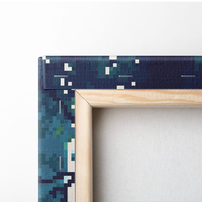 A minimalist wooden frame with a navy blue pixelated canvas border in enchanted forest pixel art wall decor