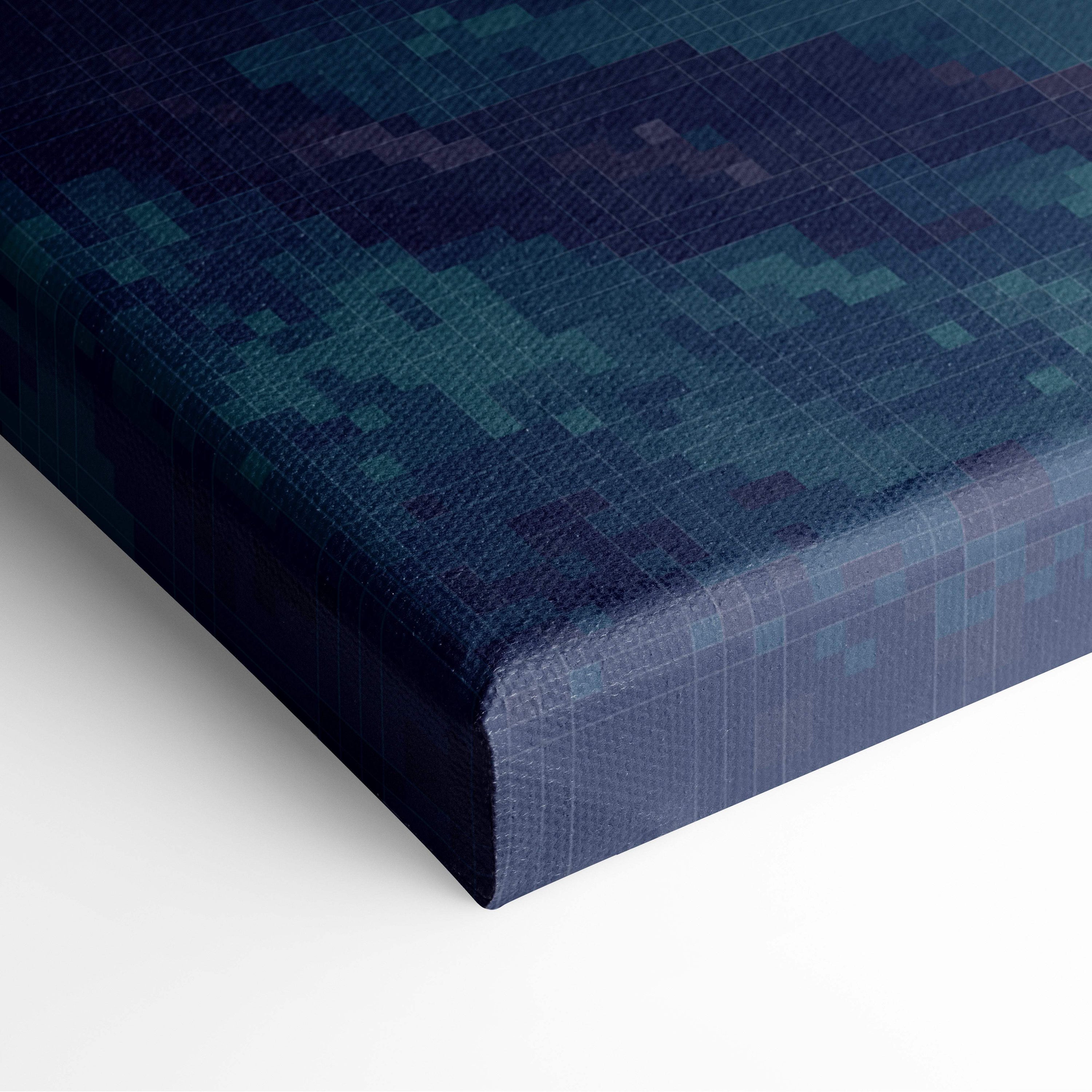 A navy blue pixelated canvas print with textured teal and dark indigo grid pattern enchanted forest pixel art decor