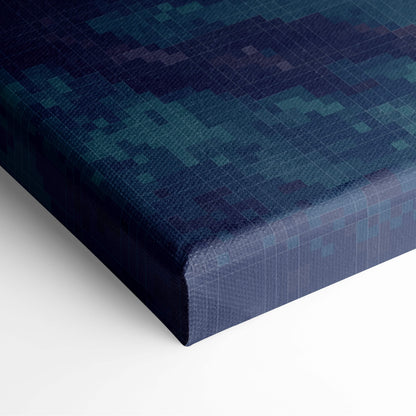 A navy blue pixelated canvas print with textured teal and dark indigo grid pattern enchanted forest pixel art decor