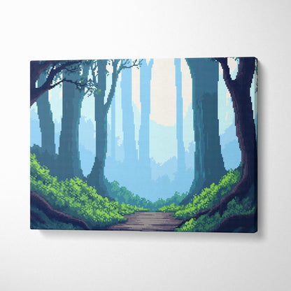 Enchanted forest pixel art canvas print with tall blue and green trees and a winding path through lush undergrowth