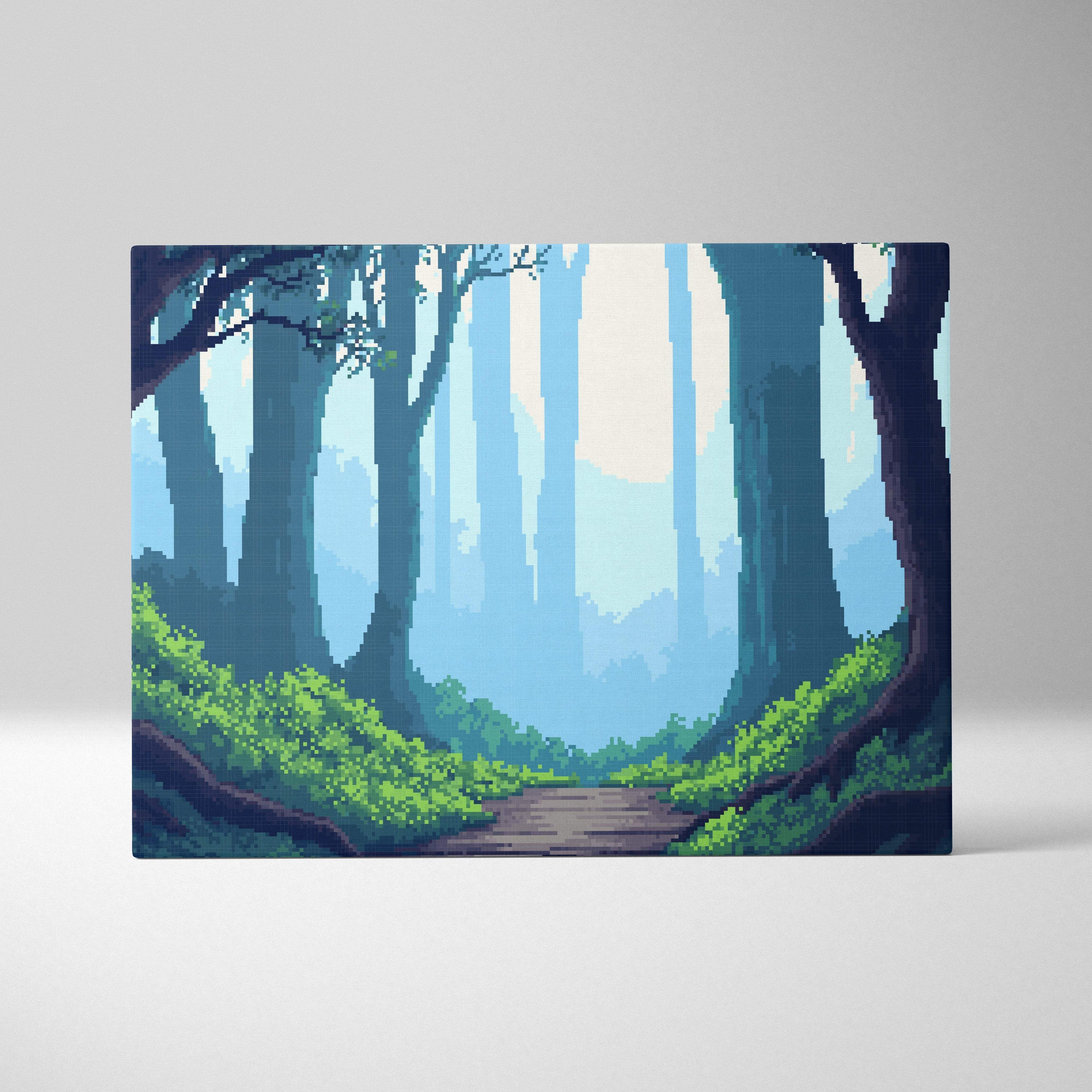 Enchanted forest pixel art canvas print featuring blue tall trees and vibrant green undergrowth in a serene woodland path design