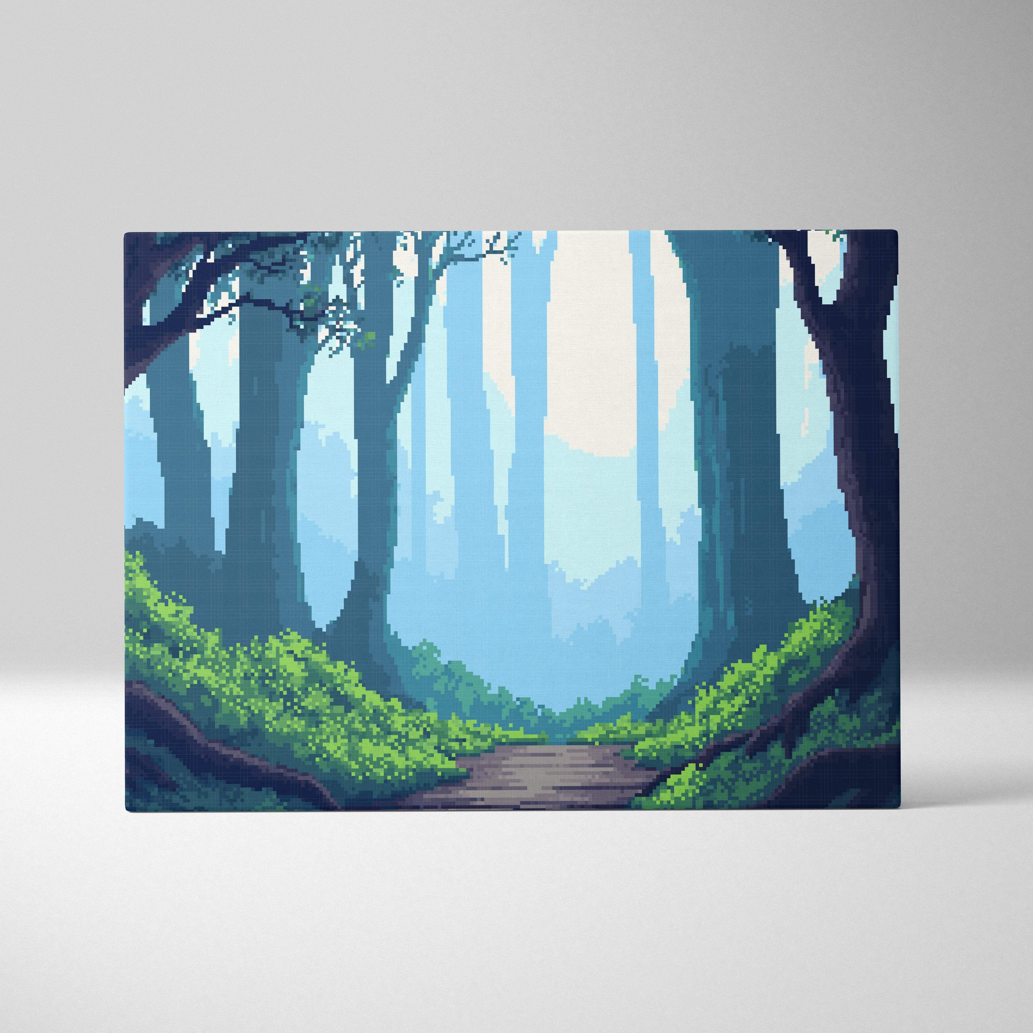 Enchanted forest pixel art canvas print featuring blue tall trees and vibrant green undergrowth in a serene woodland path design