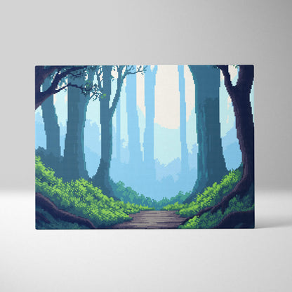 Enchanted forest pixel art canvas print featuring blue tall trees and vibrant green undergrowth in a serene woodland path design