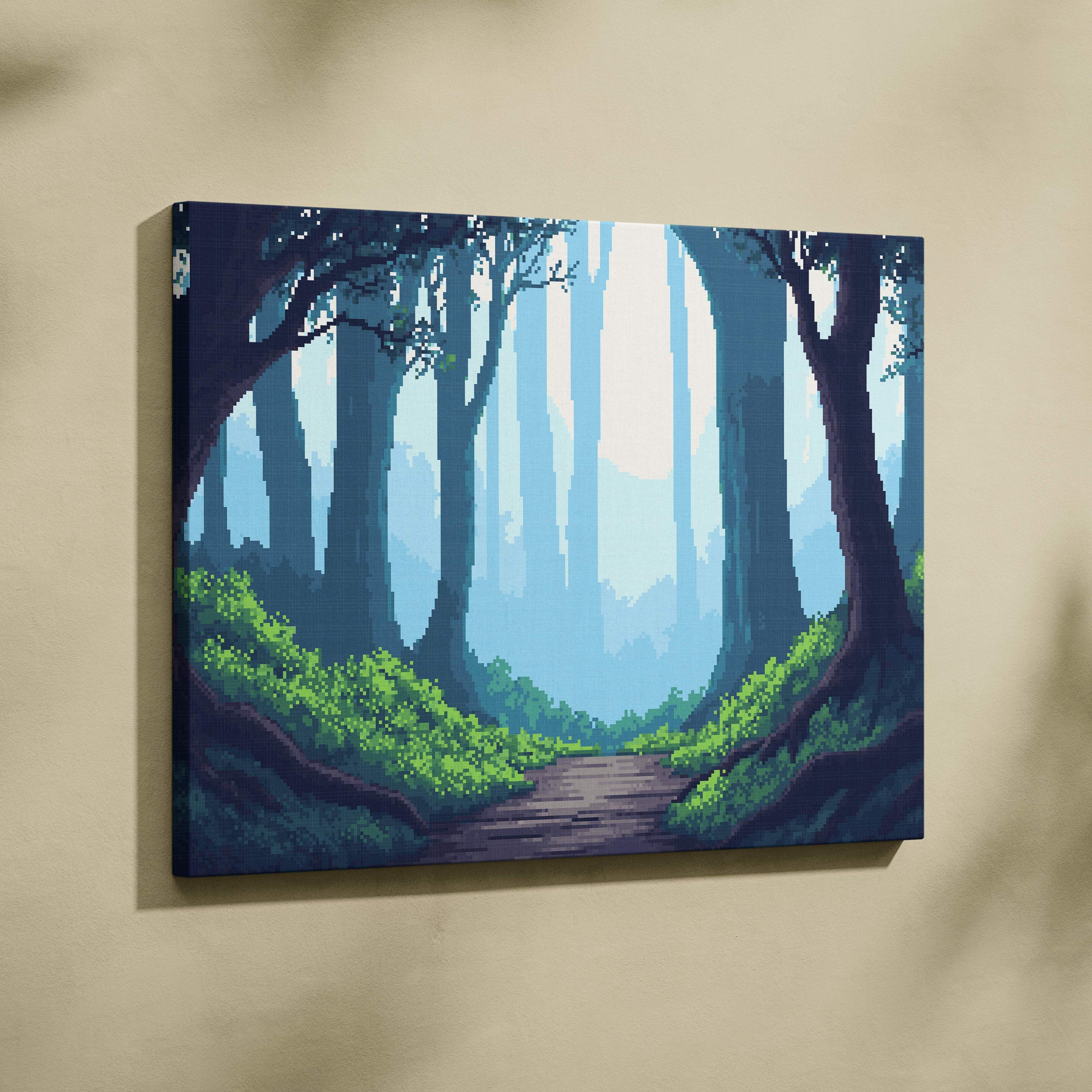 Enchanted forest pixel art canvas print showing a misty blue green woodland path on stretched fabric wall art