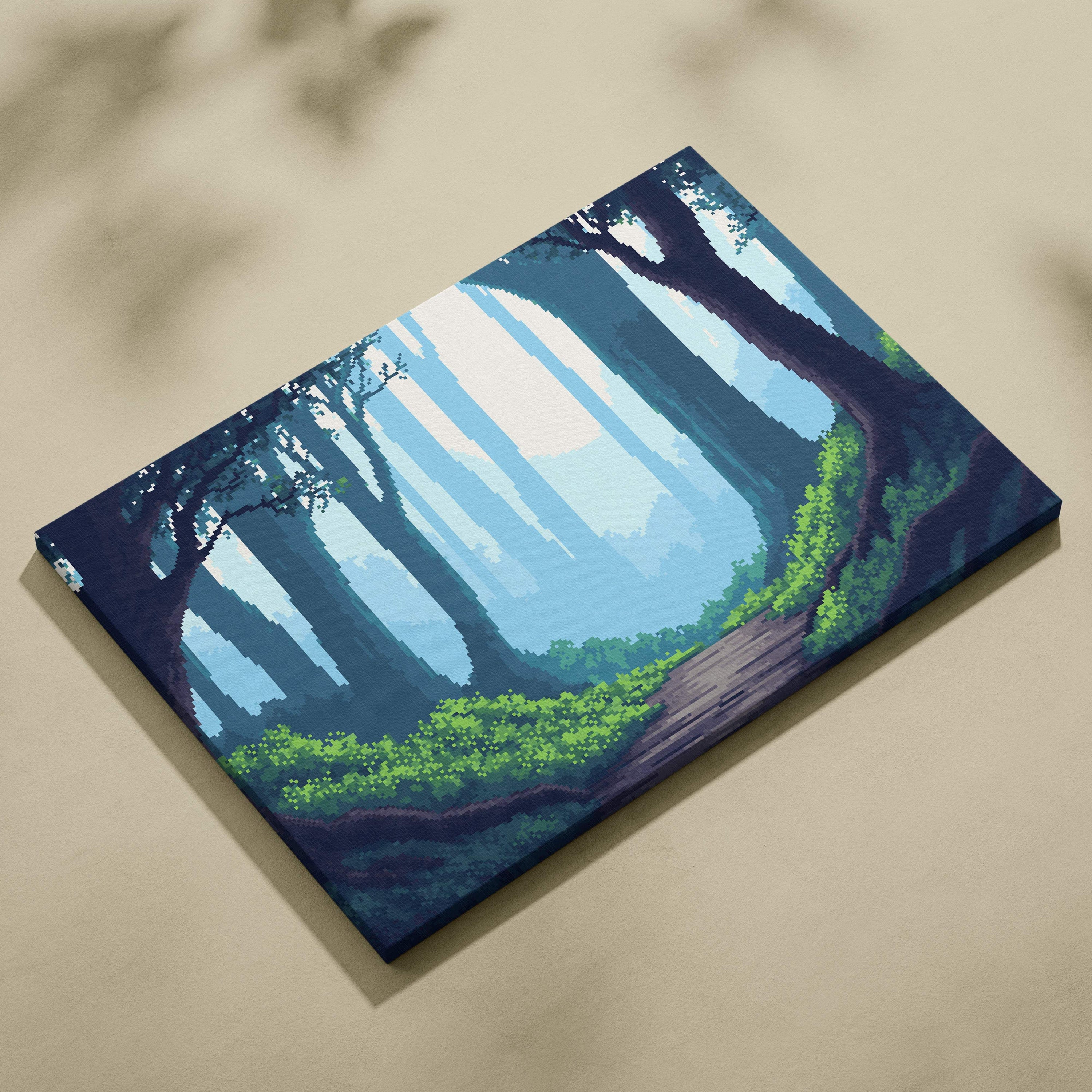 Enchanted forest pixel art canvas print featuring dark blue and green trees with light blue sunlight beams over a winding path
